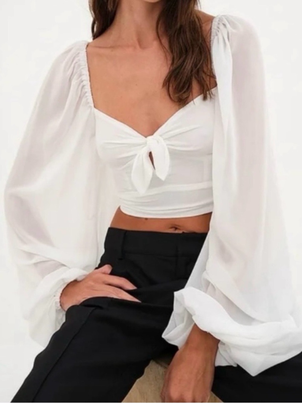 🍋 For Love And Lemons White Tie-Front Puff Sleeve Crop Top